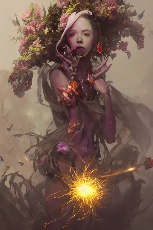 Image similar to beautiful girl necromancer, witch - doctor exploding into flowers, angels, 3 d render, hyper - realistic detailed portrait, holding electricity and birds, ruan jia, wlop. scifi, fantasy, hyper detailed, octane render, concept art, peter mohrbacher