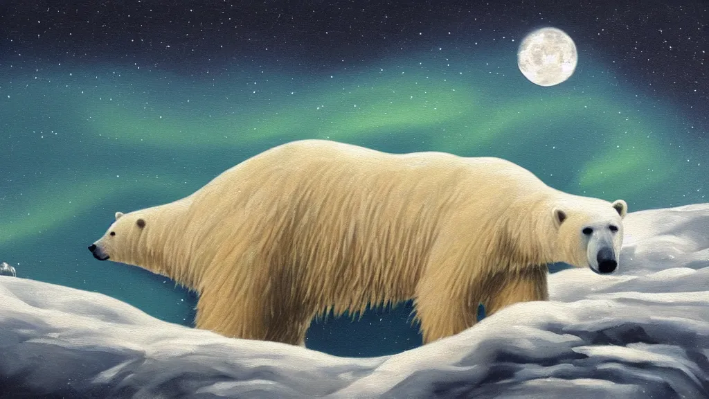 Image similar to an oil painting of a close - up polar bear traversing a snowy landscape at night, the northern lights and the moon are visible