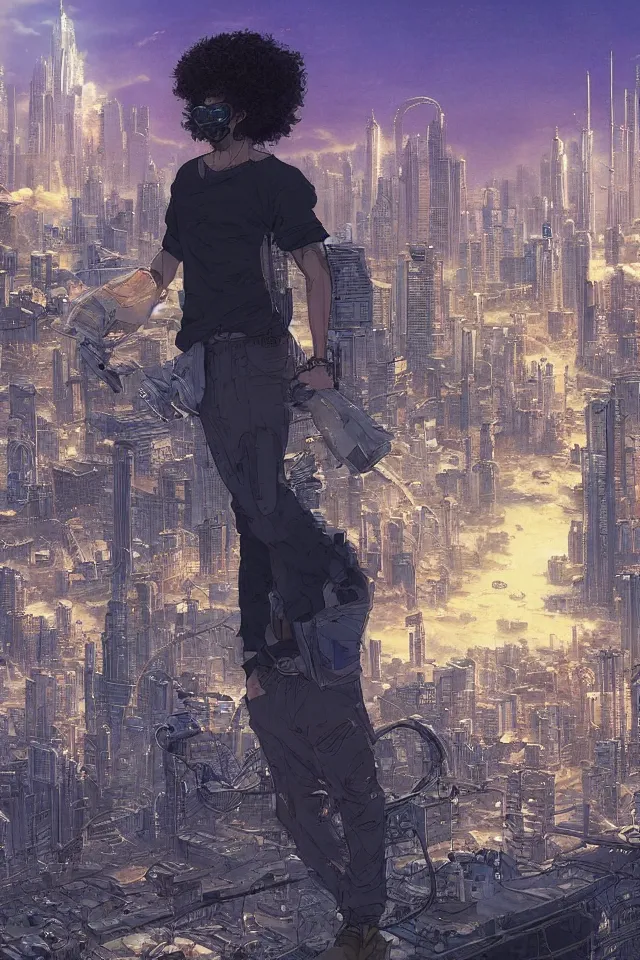 Image similar to a curly - haired persian guy wearing golden shades reflecting a cityscape against a cyberpunk city backdrop by makoto shinkai, masamune shirow and jean giraud