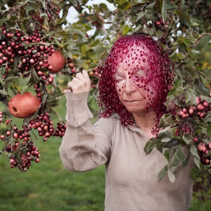 Image similar to a closeup portrait of a woman wearing hagfish slime, picking pomegranates from a tree in an orchard, foggy, moody, photograph, by vincent desiderio, canon eos c 3 0 0, ƒ 1. 8, 3 5 mm, 8 k, medium - format print