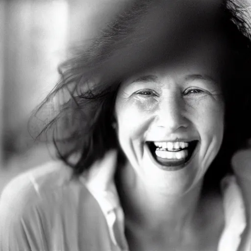 Prompt: a smiling woman with many many many teeth!!!! 3 5 mm f / 2. 8, kodachrome, moody lighting.