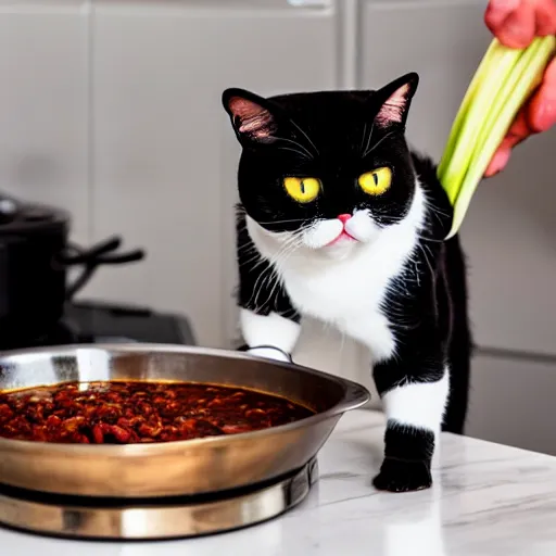 Prompt: photo of ugly black and white exotic shorthair cat cooking a pot of chili in a modern kitchen