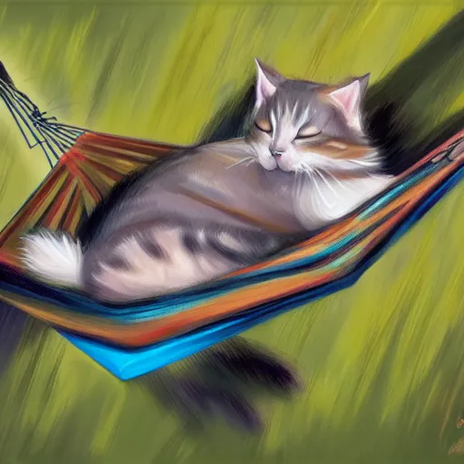 Prompt: a cat sleeping in a hammock, digital painting, ultradetailed, artstation, oil painting, ultradetailed, artstation