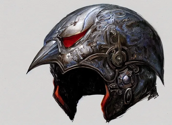 Image similar to portrait of raven themed helmet. concept art contest winner by bob ross and greg rutkowski ( 2 0 0 7 ).