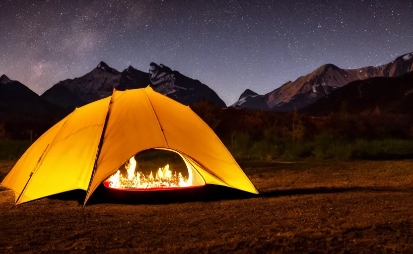 Image similar to night photography of a tent and fireplace with mountains in the background