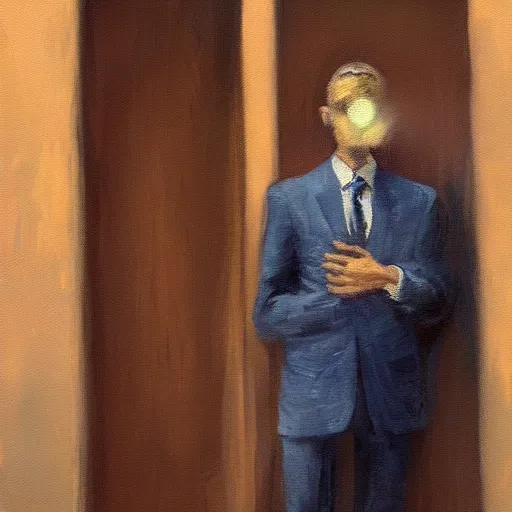 Image similar to impressionist painting of an anonymous man in a suit, standing in a doorway, artstation