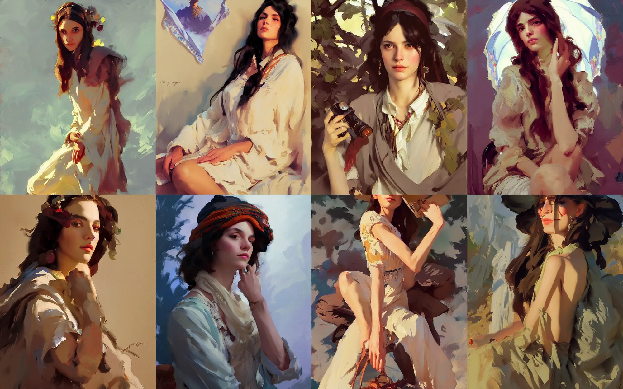 Image similar to portrait of vintage hippie boho russian iranian model girl traveler greg manchess painting by sargent and leyendecker, studio ghibli, fantasy, medium shot, asymmetrical, intricate, elegant, matte painting, illustration, hearthstone, by greg rutkowski, by greg tocchini, by james gilleard, by joe fenton