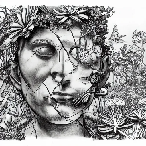 Prompt: botanical sketch of The thinker sculpture with a mechanical/cybernetic head, mushrooms and peyote/san pedro at the base, surrounded by a lush jungle and morning glory flowers, high detail, b&w,