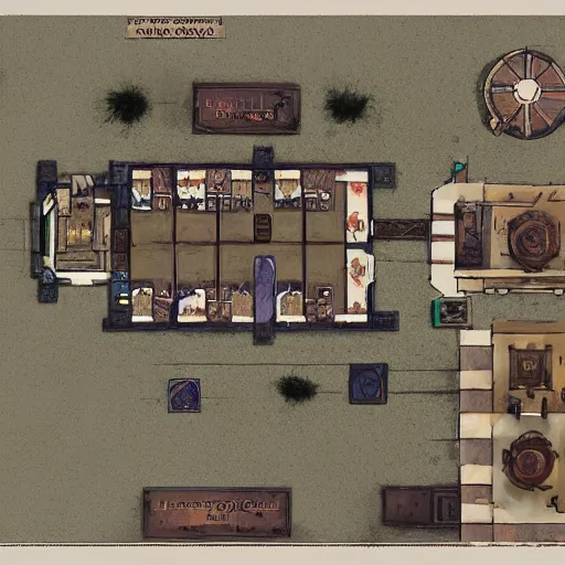 Prompt: full - color floor plan of a fantasy tavern, by greg rutkowski and james gurney, trending on artstation