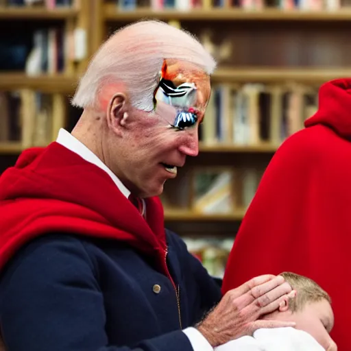 Image similar to joe biden wearing a red cloak and praying next to a sleeping young boy