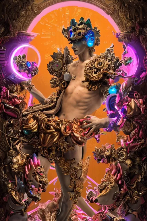 Image similar to full-body rococo and cyberpunk style sculpture of a young handsome Spanish prince half android with a chest exposing a glowing orange gem, glowing pink laser eyes, crown of blue gears and giant diamonds, swirling salmon-colored silk fabric, robotic raptors dinosaurs. baroque elements. full-length view. intricate artwork by caravaggio. Trending on artstation, octane render, cinematic lighting from the right, hyper realism, octane render, 8k, depth of field, 3D