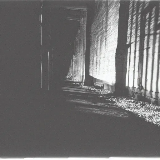 Image similar to b&w photography, lost footage, weird perspectives, darkness with some light, sharp and blurry, unclear what it is or what it is not