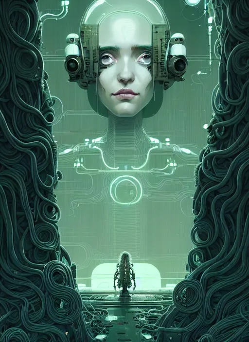 Prompt: highly detailed portrait of a biopunk long curly white hair tribal lady, stray wiring by atey ghailan, james gilleard, by joe fenton, by greg rutkowski, by greg tocchini, by kaethe butcher, 4 k resolution, gradient green, black and white color scheme!!! ( ( irradiated robotic mountain landscape background ) )