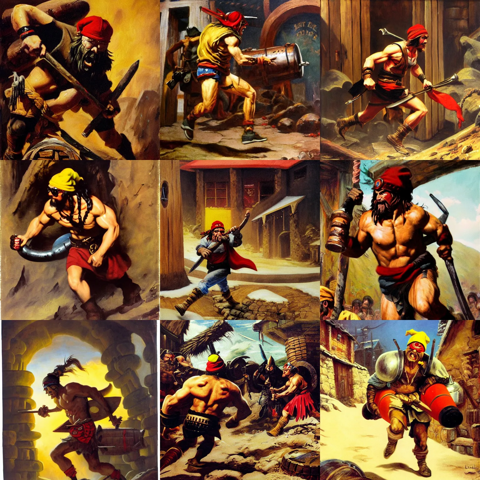 Prompt: cinematic shot of barbarian warrior running out of inn with barrel of beer tucked under his arm wearing wraparound sunglasses and black red yellow beanie hat, oil painting, frank frazetta