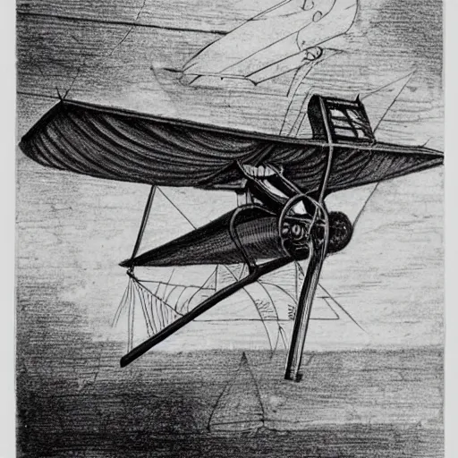 Prompt: Pencil drawing of a DaVinci flying machine invention showing how to achieve flight.