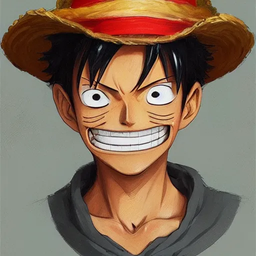 Prompt: Very detailed Luffy From one piece looking to camera smiling , artwork portrait by Sergey Kolesov, arstation,