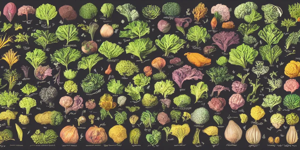 Image similar to full color page scan catalogue of various vintage fantasy vegetables illustrations on black background, in matte painting, 2 d, kitbash, 4 k