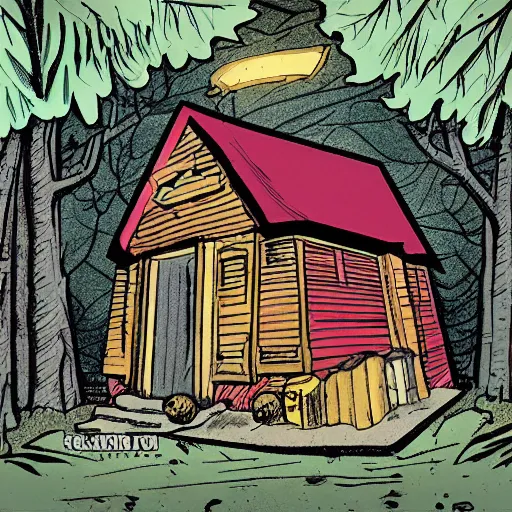 Prompt: a illustration of a Eerie cabin in the middle of the woods in the style of Stan lee comic book