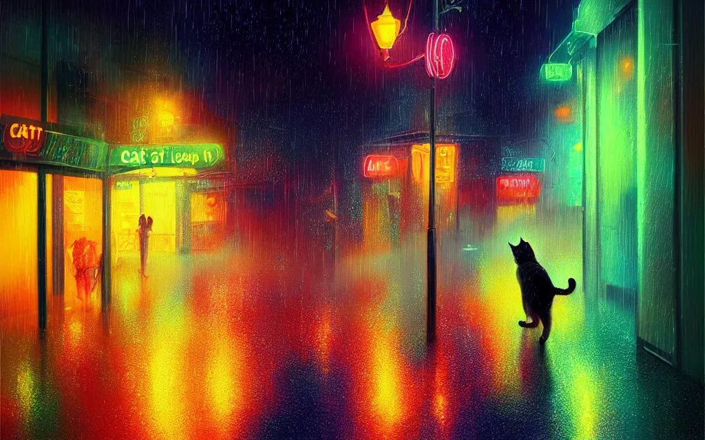 Prompt: cat running through heavy rain in a neon lit street at night by wlop, ultra detailed color art, high detail, digital art