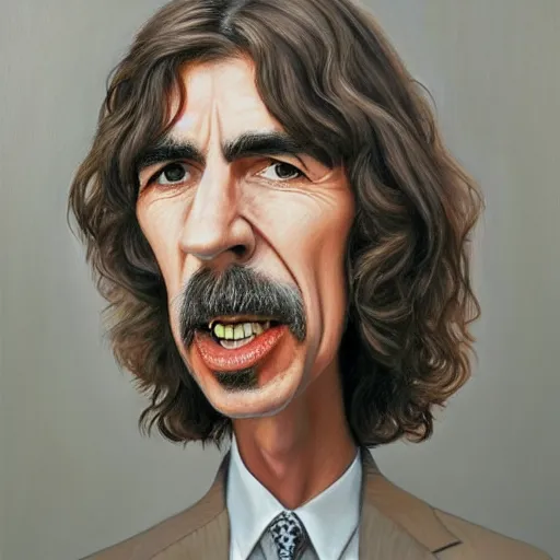 Image similar to Caricature portraits done of George Harrison, realistic, hyperrealistic, very realistic, highly detailed, very detailed, extremely detailed, detailed, oil painting, digital art, trending on artstation