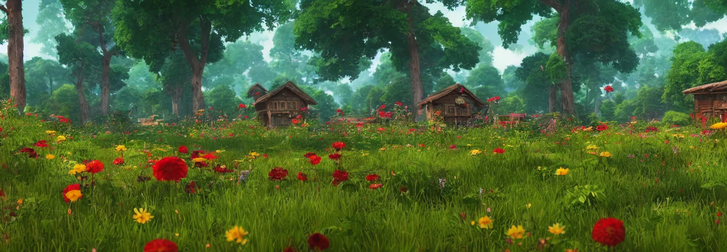 Prompt: a beautiful forest meadow village landscape flowers, crimson - black beehive, happy trees, photorealistic, octane render, rtx, hdr, unreal engine, digital art widescreen 8 k in the style of studio ghibli and bob ross and pixar and bee movie