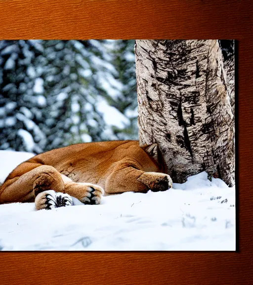 Image similar to ripped up postcard showing 'a cougar sleeping in the middle of snowy pine tree' laying on coffee table, zoomed out shot, HD, iphone capture