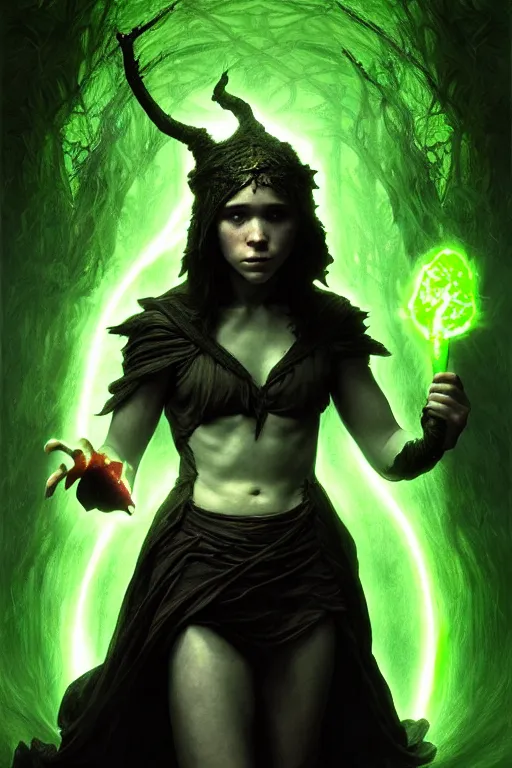 Image similar to ellen page as a dark sorceress casting a green spell, green lighting, fantasy character portrait, ultra realistic, concept art, intricate details, highly detailed by james bama, william adolphe bouguereau and frank frazetta