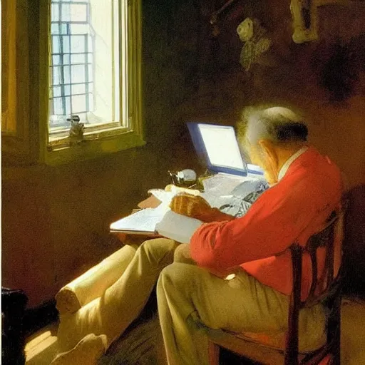 Image similar to poor grandpa trying to figure out how to send an email sitting in his small room looking at his lenovo thinkpad laptop t 4 1 0 8 gb ram jamie wyeth greg rutkowski winslow homer thomas eakins lucian freud edward hopper j. m. w. turner oil painting