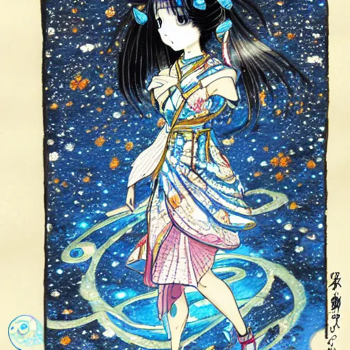 Image similar to a tamura yoshiyasu style drawing of a girl wearing a beautiful dress that has a galaxy and water design, 8 k, highly detailed,