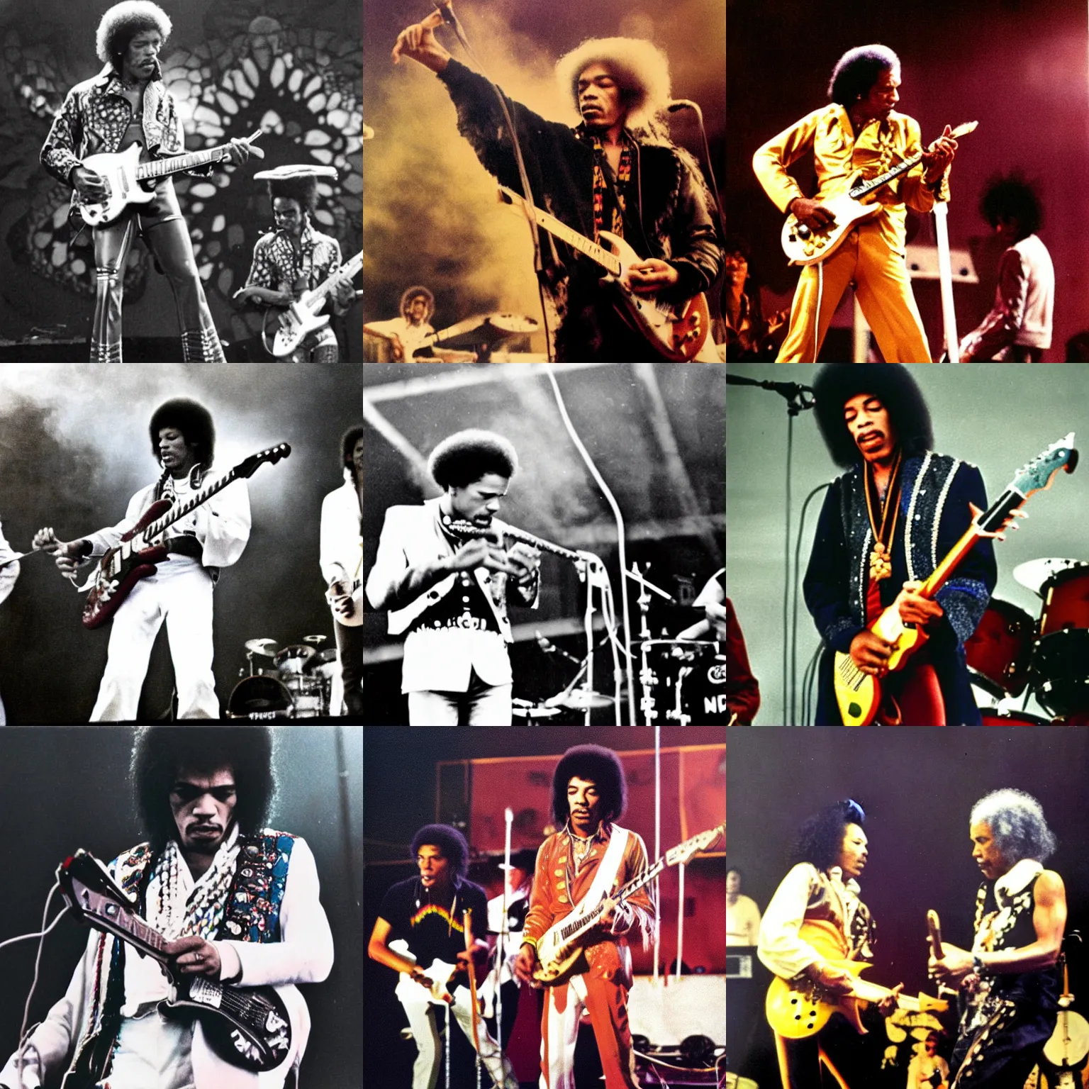 Prompt: pop smoke on stage with jimi hendrix, color photo