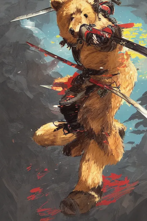 Prompt: professional digital art manga anime rendering of a bear dressed as a ninja fighting with a katana. colorful design. higly detailed, intricate, greg rutkowski, anime manga style, trending on art station.