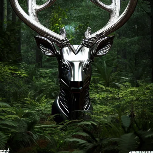 Image similar to chrome stag made of corvette parts in a lush forest :: moody, ornate, dynamic, particulate, intricate, elegant, highly detailed, centered, artstation, smooth, sharp focus, octane render