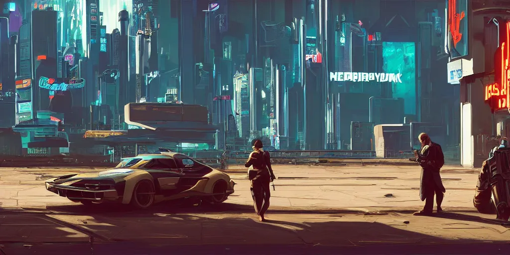 Prompt: art style by Ben Aronson and Edward Hopper and Syd Mead, wide shot view of the Cyberpunk 2077, on ground level.