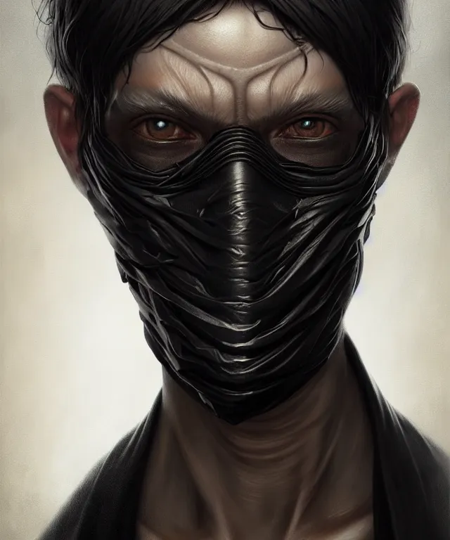 Image similar to man with black fabric mask, highly detailed face!!!, true anatomy!, extremely detailed!, digital painting, unreal engine 5, art by tom bagshaw