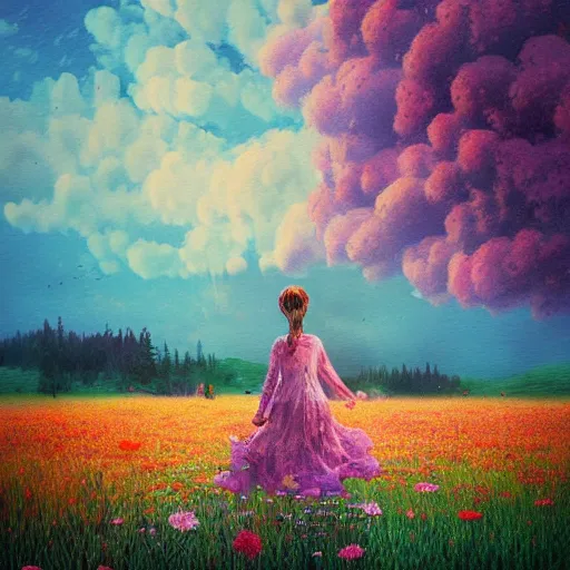 Prompt: girl with singular flower as a face, surreal photography, dream, dress flowing into flower field, hills, big trees, sunrise dramatic light, impressionist painting, colorful clouds, digital painting, pointillism, artstation, simon stalenhag