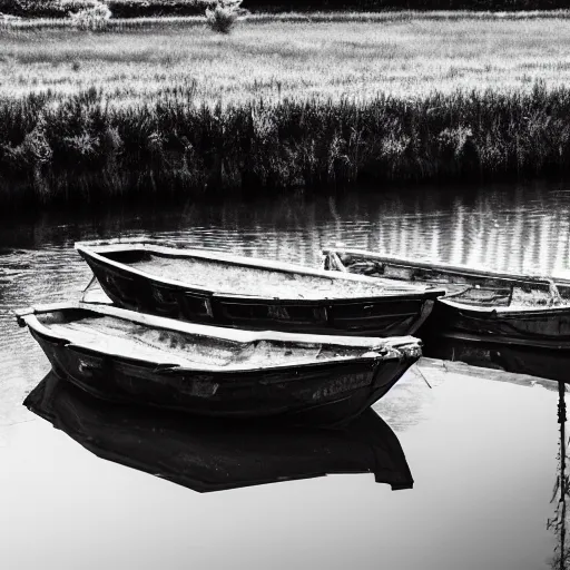 Prompt: two boats on a river, black and white photo, highly detailed, dlsr