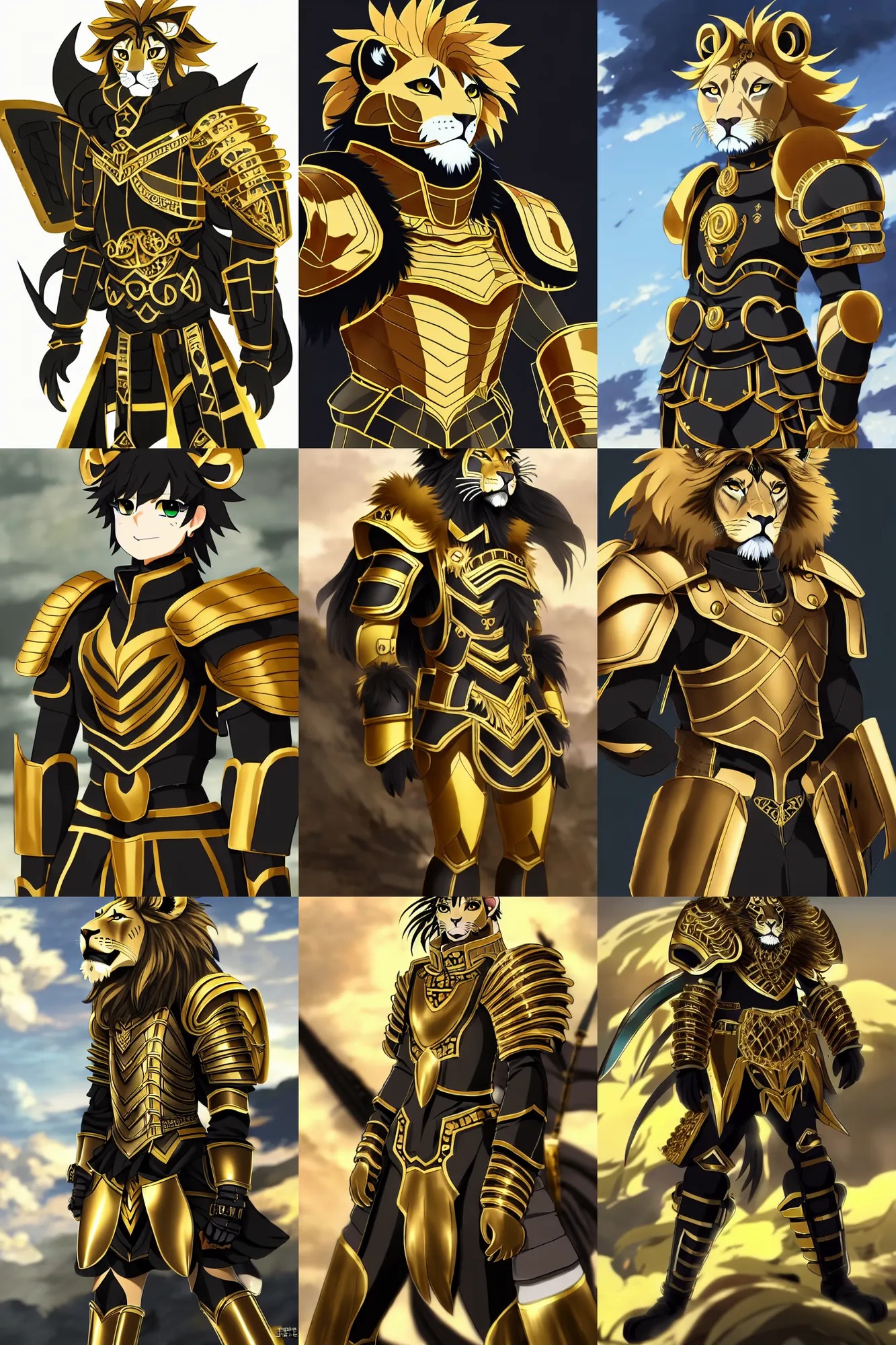 Prompt: lion army general with black and gold roman armor, fursona, anthro, anime key visual, detailed armor, detailed fur, makoto shinkai, portrait