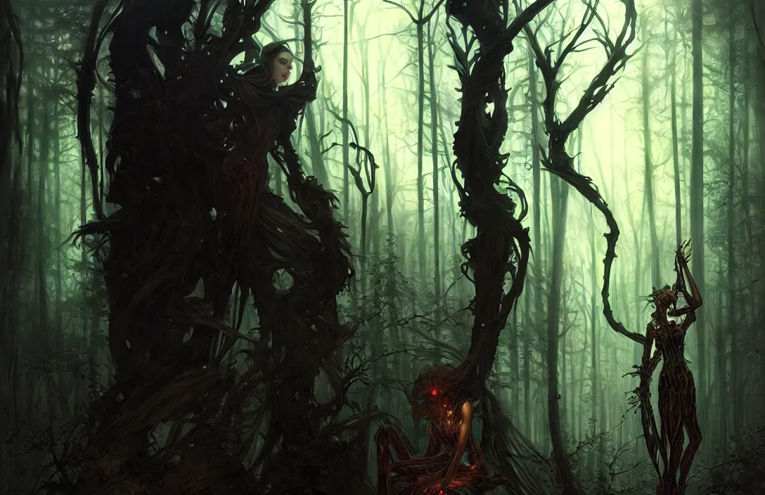 Image similar to inside a dark horror forest, heroic lighting, sci-fi, intricate, elegant, highly detailed, lifelike, photorealistic, digital painting, artstation, illustration, concept art, smooth, sharp focus, art by John Collier and Albert Aublet and Krenz Cushart and Artem Demura and Alphonse Mucha