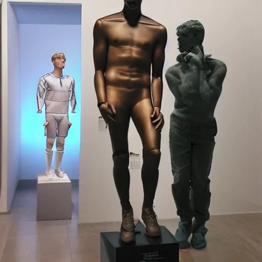 Image similar to “ a realistic detailed photo of a guy who is an attractive humanoid who is half robot and half humanoid, who is a male android, soccer player antoine griezmann, shiny skin, posing like a statue, blank stare, at the museum, on display ”