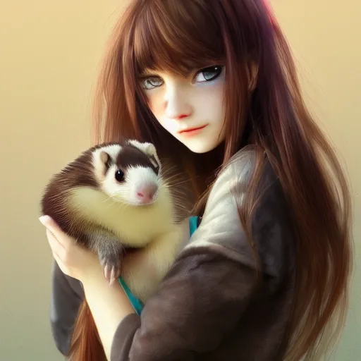 Prompt: girl holding a ferret, digital art, by Yoshitaka Amano, trending on artstation, 4k, highly detailed