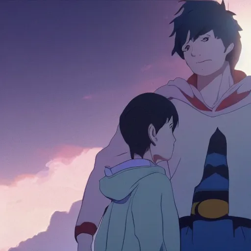 Image similar to Jon Kent superboy standing triumphantly. Anime still. Makoto shinkai. Kuvshinov ilya.