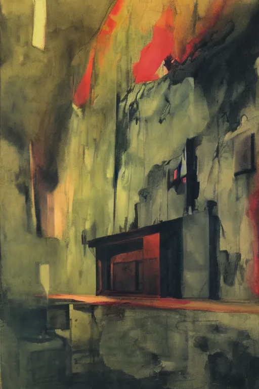 Image similar to Visiting old childhood hangouts, laughably clear waterfalls, and creepy old graveyards style of Adrian Ghenie, Edward Hopper, colors of Mark Rothko, polaroid film