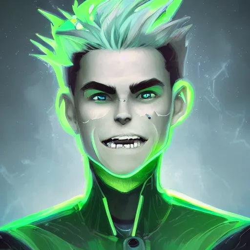 Prompt: a digital matte intricate face illustration concept art of young danny phantom with glowing green eyes and sharp teeth fangs alt art fashion inspired art by charlie bowater and wlop and mark arian and ross tran + neon colors, symmetry, intricate complexity, epic composition, magical atmosphere, highly detailed, cinematic lighting + masterpiece, trending on artstation + 8 k