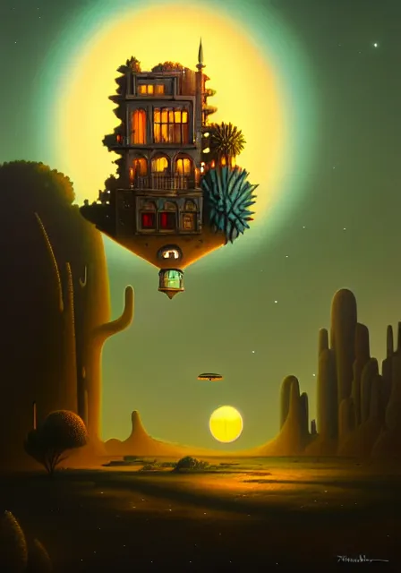 Prompt: a single building flying above a desert oasis in a moonlit night in the style of peter mohrbacher and jacek yerka, detailed, 8 k