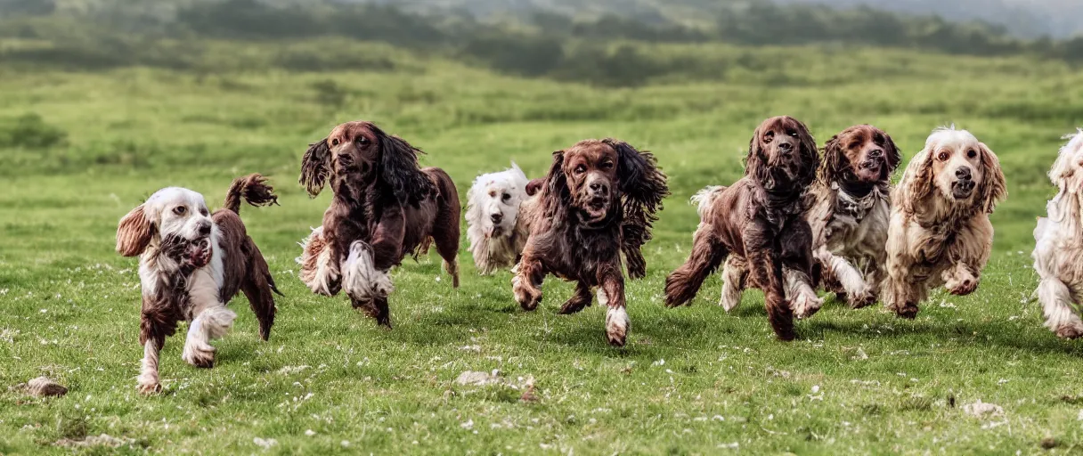 Prompt: Two spaniel dogs running, one very light brown spaniel dog white hair chest and one is a black spaniel dog with white hair chest running in a meadow low angle realism coherent focus epic background 4k