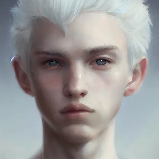 Image similar to young boy, white hair, gorgeous, amazing, feminine, elegant, intricate, highly detailed, digital painting, artstation, concept art, sharp focus, illustration, art by WLOP and greg rutkowski