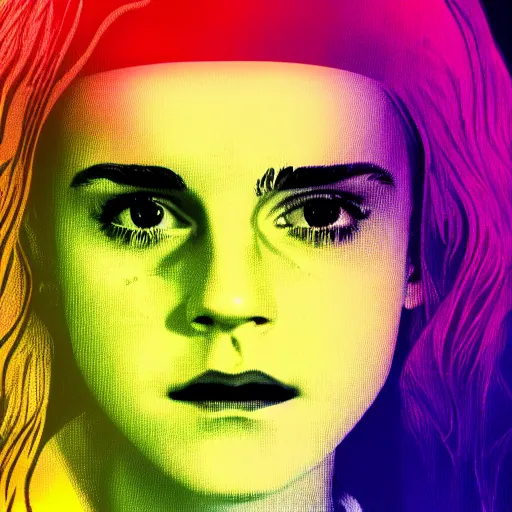 Image similar to rainbow emma watson age 1 3 as hermione. pop art.