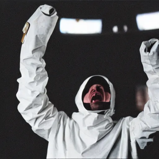 Image similar to a man wearing a hazmat suit, cheering, film still, Panavision PSR-200 35mm