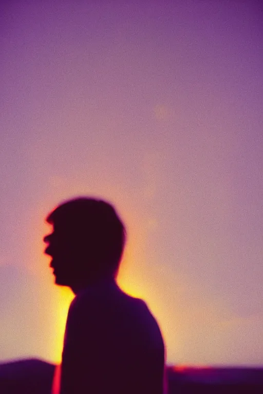 Image similar to agfa vista 4 0 0 photograph of a powerful psychic guy emitting psychic powers, back view, synth vibe, vaporwave colors, lens flare, moody lighting, moody vibe, telephoto, 9 0 s vibe, blurry background, grain, tranquil, calm, faded!,