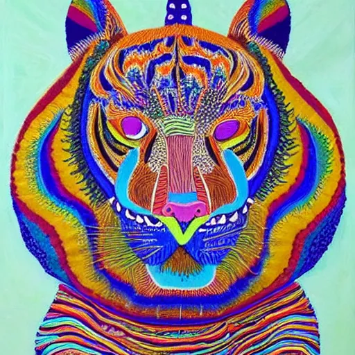 Image similar to an image of a tiger wearing a headdress, a detailed painting by Laurel Burch, pinterest contest winner, psychedelic art, detailed painting, made of beads and yarn, outlined art